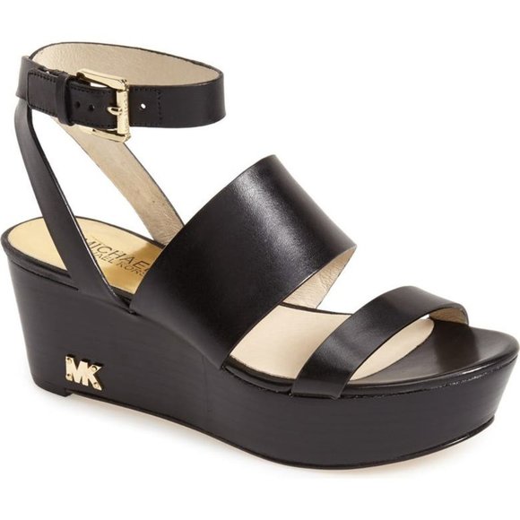 MICHAEL KORS - Black Leather Wedge Platform Sandal - size 5.5 - Worn Once - Picture 1 of 6